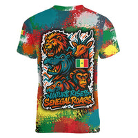 Senegal Women V-Neck T-Shirt with Colorful Wildlife Graffiti and Nature Rises Roars Design - Wonder Print Shop