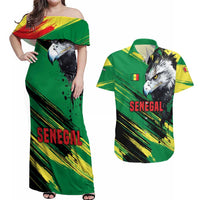 Senegal Couples Matching Off Shoulder Maxi Dress and Hawaiian Shirt with Bold Eagle Graphic and Brushstroke Flag Colors Design - Wonder Print Shop