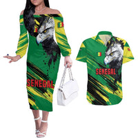 Senegal Couples Matching Off The Shoulder Long Sleeve Dress and Hawaiian Shirt with Bold Eagle Graphic and Brushstroke Flag Colors Design - Wonder Print Shop