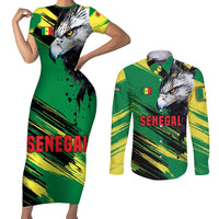 Senegal Couples Matching Short Sleeve Bodycon Dress and Long Sleeve Button Shirt with Bold Eagle Graphic and Brushstroke Flag Colors Design - Wonder Print Shop