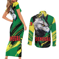 Senegal Couples Matching Short Sleeve Bodycon Dress and Long Sleeve Button Shirt with Bold Eagle Graphic and Brushstroke Flag Colors Design - Wonder Print Shop