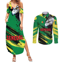 Senegal Couples Matching Summer Maxi Dress and Long Sleeve Button Shirt with Bold Eagle Graphic and Brushstroke Flag Colors Design - Wonder Print Shop