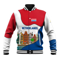 Netherlands Amsterdam Baseball Jacket with Colorful Canal Houses and National Flag Design - Wonder Print Shop