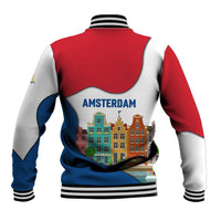 Netherlands Amsterdam Baseball Jacket with Colorful Canal Houses and National Flag Design - Wonder Print Shop
