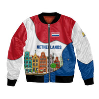 Netherlands Amsterdam Bomber Jacket with Colorful Canal Houses and National Flag Design - Wonder Print Shop