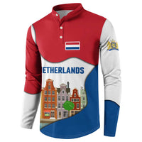 Netherlands Amsterdam Button Sweatshirt with Colorful Canal Houses and National Flag Design - Wonder Print Shop