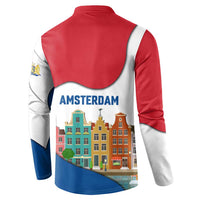 Netherlands Amsterdam Button Sweatshirt with Colorful Canal Houses and National Flag Design - Wonder Print Shop