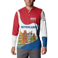 Netherlands Amsterdam Button Sweatshirt with Colorful Canal Houses and National Flag Design - Wonder Print Shop