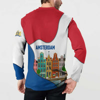 Netherlands Amsterdam Button Sweatshirt with Colorful Canal Houses and National Flag Design - Wonder Print Shop