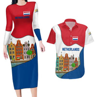 Netherlands Amsterdam Couples Matching Long Sleeve Bodycon Dress and Hawaiian Shirt with Colorful Canal Houses and National Flag Design - Wonder Print Shop