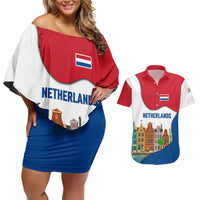 Netherlands Amsterdam Couples Matching Off Shoulder Short Dress and Hawaiian Shirt with Colorful Canal Houses and National Flag Design - Wonder Print Shop