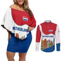 Netherlands Amsterdam Couples Matching Off Shoulder Short Dress and Long Sleeve Button Shirt with Colorful Canal Houses and National Flag Design - Wonder Print Shop