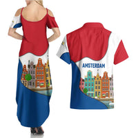 Netherlands Amsterdam Couples Matching Summer Maxi Dress and Hawaiian Shirt with Colorful Canal Houses and National Flag Design - Wonder Print Shop