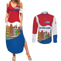 Netherlands Amsterdam Couples Matching Summer Maxi Dress and Long Sleeve Button Shirt with Colorful Canal Houses and National Flag Design - Wonder Print Shop