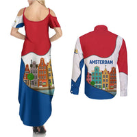 Netherlands Amsterdam Couples Matching Summer Maxi Dress and Long Sleeve Button Shirt with Colorful Canal Houses and National Flag Design - Wonder Print Shop
