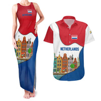 Netherlands Amsterdam Couples Matching Tank Maxi Dress and Hawaiian Shirt with Colorful Canal Houses and National Flag Design - Wonder Print Shop