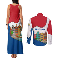 Netherlands Amsterdam Couples Matching Tank Maxi Dress and Long Sleeve Button Shirt with Colorful Canal Houses and National Flag Design - Wonder Print Shop