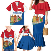 Netherlands Amsterdam Family Matching Mermaid Dress and Hawaiian Shirt with Colorful Canal Houses and National Flag Design - Wonder Print Shop