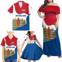 Netherlands Amsterdam Family Matching Off Shoulder Maxi Dress and Hawaiian Shirt with Colorful Canal Houses and National Flag Design - Wonder Print Shop