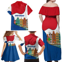 Netherlands Amsterdam Family Matching Off Shoulder Maxi Dress and Hawaiian Shirt with Colorful Canal Houses and National Flag Design - Wonder Print Shop