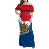 Netherlands Amsterdam Family Matching Off Shoulder Maxi Dress and Hawaiian Shirt with Colorful Canal Houses and National Flag Design - Wonder Print Shop