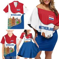Netherlands Amsterdam Family Matching Off Shoulder Short Dress and Hawaiian Shirt with Colorful Canal Houses and National Flag Design - Wonder Print Shop