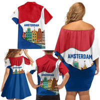 Netherlands Amsterdam Family Matching Off Shoulder Short Dress and Hawaiian Shirt with Colorful Canal Houses and National Flag Design - Wonder Print Shop