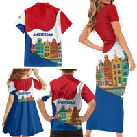 Netherlands Amsterdam Family Matching Short Sleeve Bodycon Dress and Hawaiian Shirt with Colorful Canal Houses and National Flag Design - Wonder Print Shop