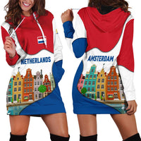 Netherlands Amsterdam Hoodie Dress with Colorful Canal Houses and National Flag Design - Wonder Print Shop
