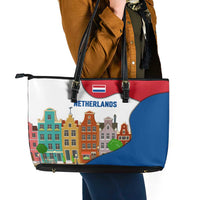Netherlands Amsterdam Leather Tote Bag with Colorful Canal Houses and National Flag Design - Wonder Print Shop