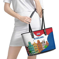 Netherlands Amsterdam Leather Tote Bag with Colorful Canal Houses and National Flag Design - Wonder Print Shop