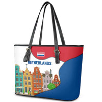 Netherlands Amsterdam Leather Tote Bag with Colorful Canal Houses and National Flag Design - Wonder Print Shop