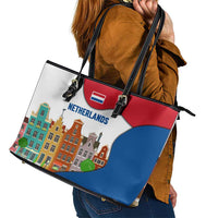 Netherlands Amsterdam Leather Tote Bag with Colorful Canal Houses and National Flag Design - Wonder Print Shop
