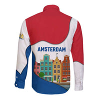 Netherlands Amsterdam Long Sleeve Button Shirt with Colorful Canal Houses and National Flag Design - Wonder Print Shop