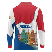 Netherlands Amsterdam Long Sleeve Polo Shirt with Colorful Canal Houses and National Flag Design - Wonder Print Shop