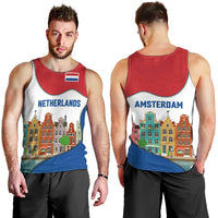 Netherlands Amsterdam Men Tank Top with Colorful Canal Houses and National Flag Design - Wonder Print Shop