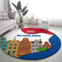 Netherlands Amsterdam Round Carpet with Colorful Canal Houses and National Flag Design - Wonder Print Shop