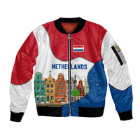 Netherlands Amsterdam Sleeve Zip Bomber Jacket with Colorful Canal Houses and National Flag Design - Wonder Print Shop