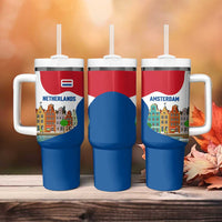 Netherlands Amsterdam Tumbler With Handle with Colorful Canal Houses and National Flag Design - Wonder Print Shop
