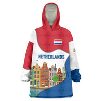 Netherlands Amsterdam Wearable Blanket Hoodie with Colorful Canal Houses and National Flag Design - Wonder Print Shop