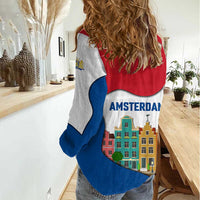 Netherlands Amsterdam Women Casual Shirt with Colorful Canal Houses and National Flag Design - Wonder Print Shop