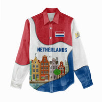 Netherlands Amsterdam Women Casual Shirt with Colorful Canal Houses and National Flag Design - Wonder Print Shop