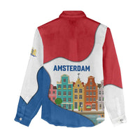 Netherlands Amsterdam Women Casual Shirt with Colorful Canal Houses and National Flag Design - Wonder Print Shop