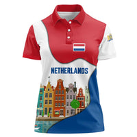 Netherlands Amsterdam Women Polo Shirt with Colorful Canal Houses and National Flag Design - Wonder Print Shop