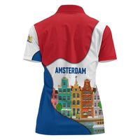 Netherlands Amsterdam Women Polo Shirt with Colorful Canal Houses and National Flag Design - Wonder Print Shop
