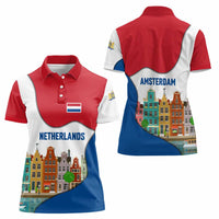 Netherlands Amsterdam Women Polo Shirt with Colorful Canal Houses and National Flag Design - Wonder Print Shop