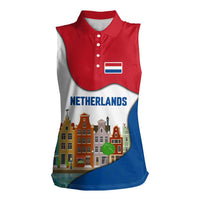 Netherlands Amsterdam Women Sleeveless Polo Shirt with Colorful Canal Houses and National Flag Design - Wonder Print Shop