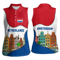 Netherlands Amsterdam Women Sleeveless Polo Shirt with Colorful Canal Houses and National Flag Design - Wonder Print Shop