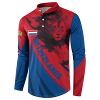 Netherlands Button Sweatshirt with Lion Graphic and Dutch Flag in Red and Blue Design - Wonder Print Shop
