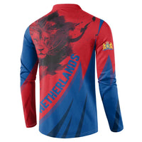 Netherlands Button Sweatshirt with Lion Graphic and Dutch Flag in Red and Blue Design - Wonder Print Shop